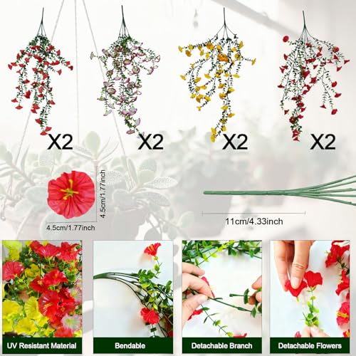 8 Pcs Artificial Hanging Flowers for Outdoors Fake Morning Glory for Home Decoration UV Resistant Mixed Color Greenery and Flowers for Porches Gardens Yard Decor (Warm Color) - color: Warm Color