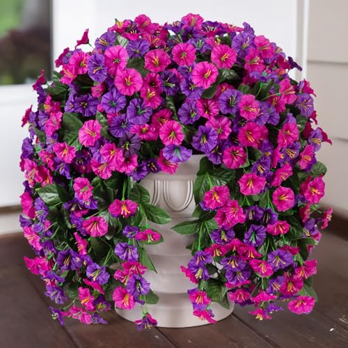 HyeFlora Artificial Fake Hanging Flowers Plants for Outdoor Outside, 2PCS Faux Silk Morning Glory Trailing Vines UV Resistant Look Real for Home Planter Porch Patio (Dark Purple and Fuchsia) - color: Dark Purple and Fuchsia 2