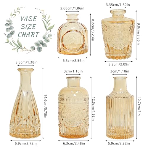 SUPMIND Glass Bud Vase Set of 5, Gold Amber Small Flower Vases for Centerpieces in Bulk, Mini Vintage Vase for Rustic Wedding, Home,Table Decoration - color: Gold Amber, size: 5Pcs