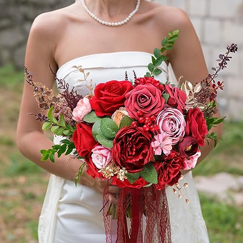 AmyHomie Red Artificial Flowers Combo Silk Mix Peony Rose Fake Flowers w/Stem for Valentine's Day DIY Wedding Bouquets Centerpieces Table Fall Decor Party Bridal Baby Shower Home Decorations - color: Dark Red
