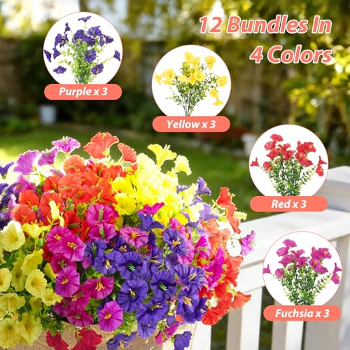 BSGlobal 12 Bundles Artificial Flowers for Outdoors Decoration, Fake Silk Morning Glory Flowers UV Resistant Faux Eucalyptus Plants for Home Garden Balcony Yard Porch(Mix) - color: 4 Mixed Colors(3 Fuchsia/3 Purple/3 Yellow/3 Red)
