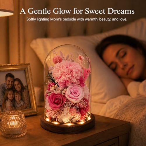 Preserved Flowers in Glass, Preserved Rose with 1 Carnation & 2 Pink Roses Luxury Eternal Flower Gift for Grandma Wife Her Forever Flowers for Anniversary Birthday Lasts 3-5 Years - color: Pink