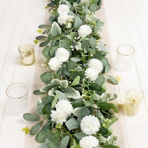 2 Pack Artificial Eucalyptus Garland with Butterfly Chrysanthemum Babys Breath Flowers 5.9Ft Faux Vine Wreath Hanging for Wedding Arch Garden Porch