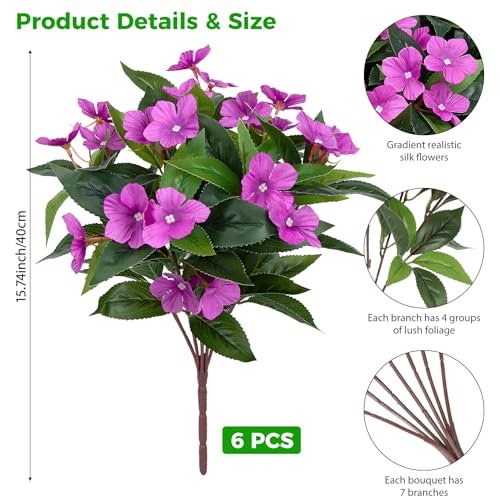 Ouddy Decor 6 Bundles Artificial Flowers for Outdoors Decorations, Fake Silk Flowers Faux Plants Plastic Bouquet UV Resistant for Porch Garden Wedding Spring Summer Indoor Outside Home Decor, Purple - color: Purple