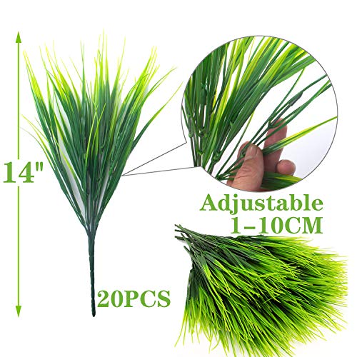 Grunyia 20 Bundles Artificial Outdoor Plants, Fake Wheat Grass Greenery Shrubs UV Resistant Faux Plastic Plants Garden Porch Window Box Décor (Grass) - color: Green