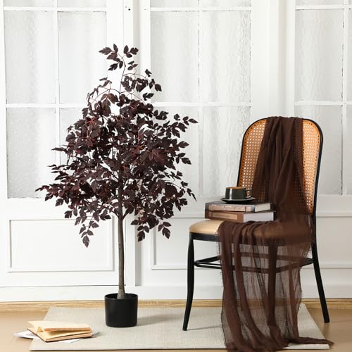 4ft Fall Plum Cimicifuga Stems Seeded Tree Artificial Thanksgiving Ficus Leaf Tree Plant Decor Autumn Halloween Faux Decor for Party Porch Fireplace Front Door Outdoor Indoor Decoration - color: Plum Color