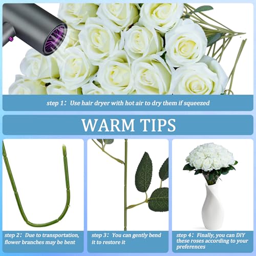 30pcs Fake Roses Artificial Silk Flowers Long Stems Bouquet for Wedding Bridal Shower Party Home Decoration (White) - color: White
