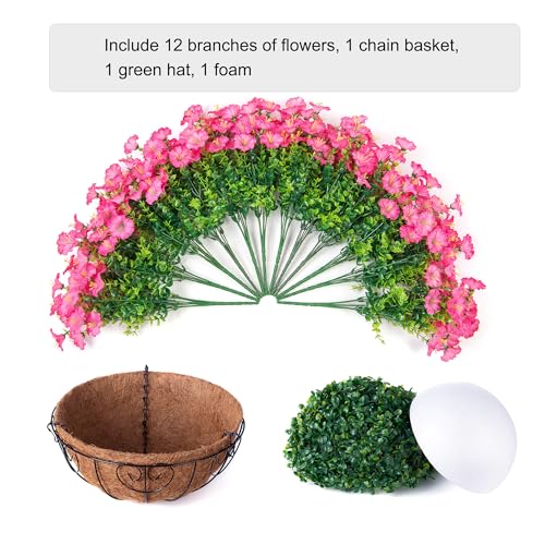 Artificial Faux Hanging Flowers Plants Baskets for Outdoors, Fake Silk Morning Glory Eucalyptus in Planter UV Resistant Realistic Outdoor Flowers for Outside Porch Patio Balcony Garden Yard Home Decor - color: Pink 2