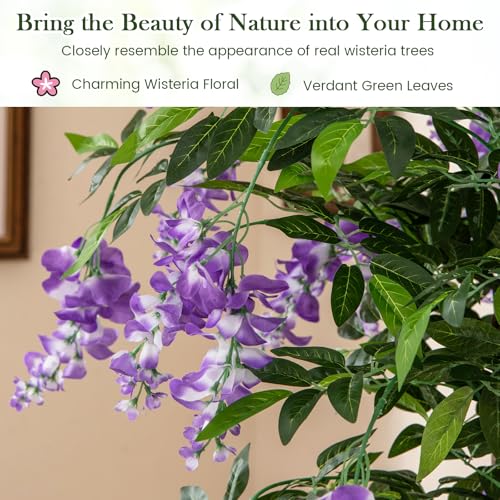 Goplus 5.5FT Ficus Artificial Tree, Faux Wisteria Tree in Nursery Pot with Blooming Flowers, Fake Potted Tree Greenery Floor Plant for Indoor Home Office Porch Living Room Decor - color: Purple, size: 5.5ft