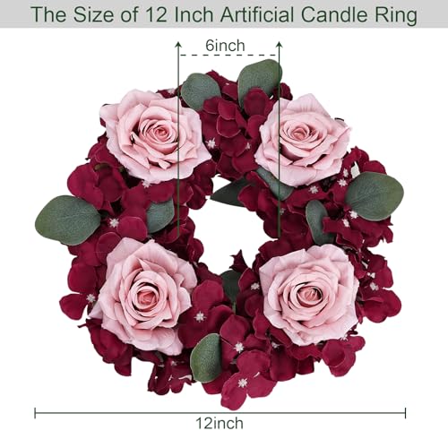 Artificial Flower Candle Rings - 6 Inch Inner Rose Floral Wreaths for Wedding Bridal Event Table Centerpieces Backdrop Decorations (Burgundy & Dusty Pink, 2 X Candle Rings) - color: Burgundy & Dusty Pink, size: 2 X Floral Wreaths