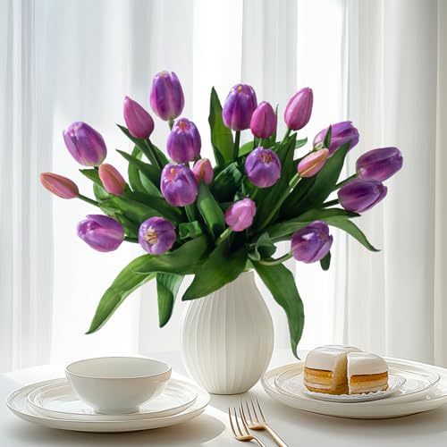 Bailikang 20PCS Fake Tulips 12' Artificial Tulip Silk Flowers Fake PU Bouquet Artificial Flowers Faux Flowers with Gift Box Soft Faux Tulips Bouquets Arrangements for Party Wedding Home - color: Purple