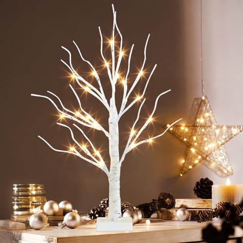 PEIDUO Artificial Tree for Christmas Decorations, 2FT Birch Tree with LED Lights, Warm White Fairy Lights Spirit Tree Lamp for Home Indoor Tabletop Centerpiece, Battery Powered, Timer - style: Birch Tree