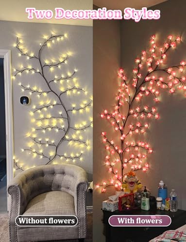 Cherry Blossom Lights,DIY Pink Cherry Blossom Wall Decor,5.25FT 72 LED Tree Branch Lights for Wall,Remote,Timer,8 Modes Willow Vine Light with Flowers for Bedroom Home Christmas Decorations,Gift - color: 5.25FT