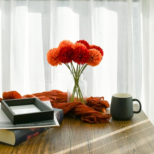Mandy's 12pcs Artificial Red and Orange Chrysanthemum | 11.8 inch Artificial Mums Flowers for Home Table Centerpiece Summer Decor Silk Flowers for Porch Patio and Wedding - color: Red and Orange