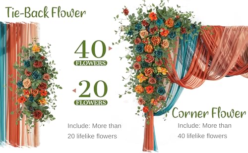 Wedding Arch Flowers with Drapes Kit (Pack of 5) - 2pcs Artificial Teal Orange Fall Deluxe Swag with 3pcs Sheer Drapes for Wedding Ceremony Arbor Reception Backdrop Rose Floral Decoration - color: Dark Teal & Burnt Orange