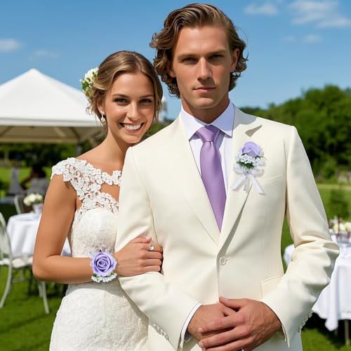 2Pcs Light Purple Rose Corsage and Boutonniere Set, Artificial Wrist Corsage Wristlet Bracelets, Men Boutonniere for Wedding Anniversary Party Homecoming Flowers Accessories Prom Decor - color: Light Purple