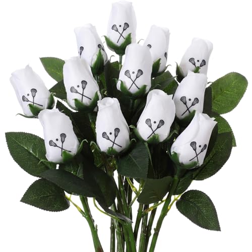Suhine 12 Pcs Artificial Lacrosse Rose Flowers Sports Party Favors Bulk for Birthday Graduation Wedding Party Decorations Table Centerpieces Game Prizes Senior Night Team Gifts(Lacrosse Color, Normal) - color: Hockey Color, size: Normal
