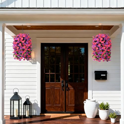 INQCMY Artificial Hanging Flowers Basket for Outdoor Summer Decoration,4pcs Faux Silk Begonia in Planter Look Real UV Resistant for Outside Home Porch Patio Balcony Yard Decor(Orchid Rose Red) - color: Orchid Rose Red