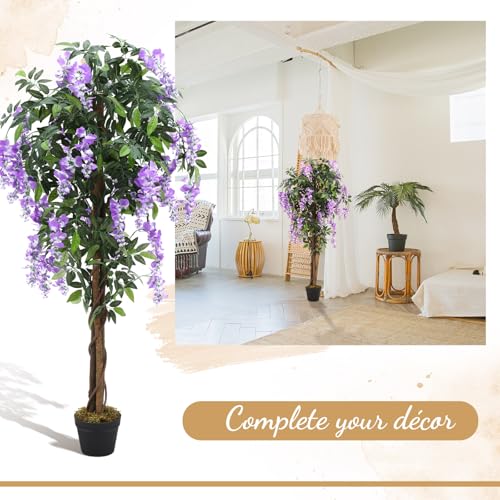 Thiccywoov 1 Pack 5ft Artificial Wisteria Tree Tall Fake Tree with Cement Base Pot Faux Floor Plant Decoration for Indoor Outdoor Home Office Housewarming Gift - color: Natural Green Leaves With Purple Flowers