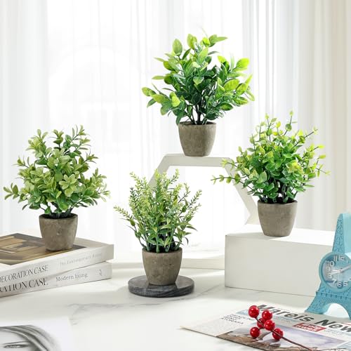 FAVOWREATH 4 Pack Fake Plants Ceramic Mini Artificial Greenery Potted Plants for Home Decor Office Decor Room Decor Farmhouse Decor Indoor Table Bathroom Decor - color: Grey
