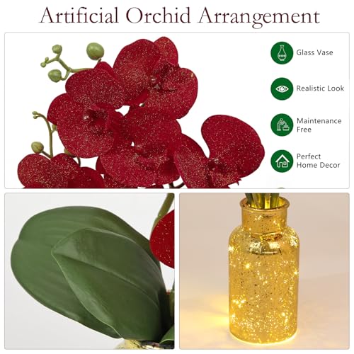 Oairse Red Orchids Artificial Flowers Faux Orchid Arrangement with Gold Glass Vase Real Touch Velvet Phalaenopsis Orchid Flowers Orchids Centerpiece for Dining Room Table - color: Red # Gold