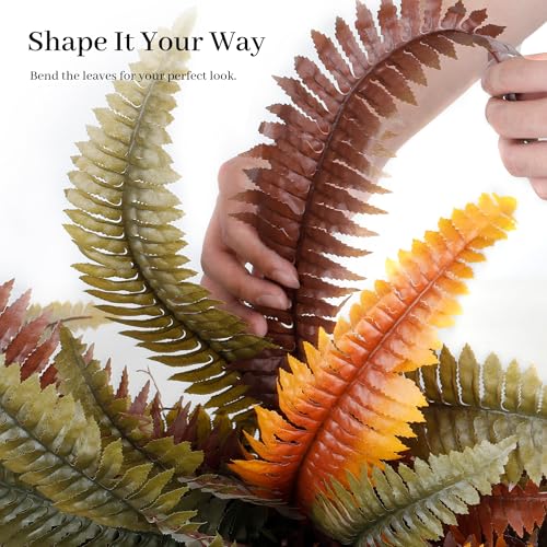 Artificial Plants Faux Fern, Artificial Ferns for Outdoors Indoors, 45 Inch Large Fake Boston Ferns 2 Pack, Realistic Hanging or Floor Greenery for Porch House Decor, Rust Autumn Color - color: Rust Autumn Color