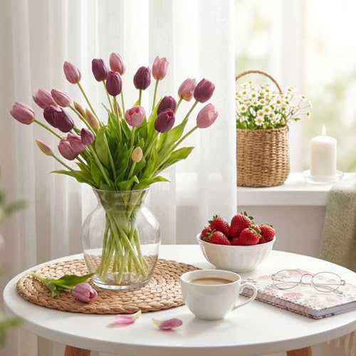Riceshoot 30 Pcs Artificial Tulips Flowers 6 Bunches Faux Tulips Bouquets Arrangements Realistic Flowers for Office Wedding Party Kitchen Decoration(Mixed Purple) - color: Mixed Purple