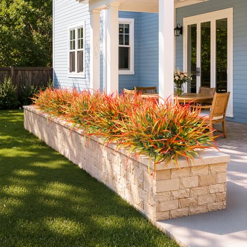 Uieke 12 Bundles Artificial Outdoor Plants UV Resistant Fake Grass Plants Faux Plastic Plants for Home Garden Spring Summer Decor, Green & Red - color: Green & Red, size: 12