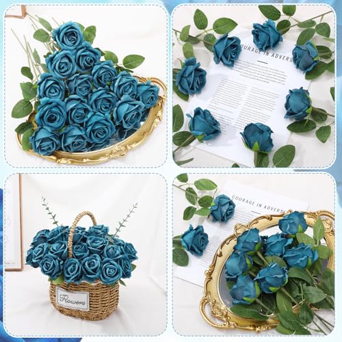 36 Pcs Velvet Texture Teal Artificial Flowers Bridal Bouquet, Fake Rose Long Stem Realistic Flowers Bulk for Valentine's Day Wedding Bouquet Ball Arrangement Centerpiece Party Home Decor - color: Teal