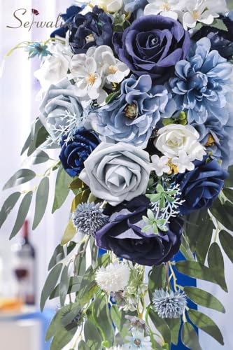 Serwalin 9.8 Inch Wedding Bouquets for Bride Bridesmaid, Dusty Blue Bridal Bouquets for Bride, Wedding Flowers Bouquet Tossing Bouquet, Wedding Ceremony and Anniversary Decoration - color: Dusty Blue