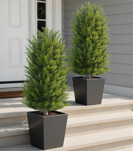 DREAMLOOM Artificial Topiary for Outdoors 3ft Artificial Cedar Trees 2 Set Fake Pine Tree with Spike Faux Shrubs Bushes Outside Front Porch Planter Garden Decor Entryway Home