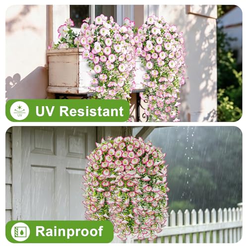 Artificial Hanging Flowers for Outdoor, 4Pcs UV Resistant Faux Morning Glory Flower Spring Summer Decroation, No Fade Fake Flower Trailing Vine for Porch Patio Balcony Yard Garden (Pink) - color: Pink