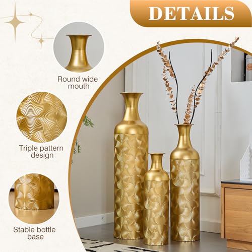 Floor Vases, Tall Home Decor Metal Vase Set of 3 Large Glazed Decorative Vases for Wedding Decor, Elegant Modern Flower Holder for Living Room, Entryway, Hallway (Gold, Set of 3) - color: Gold