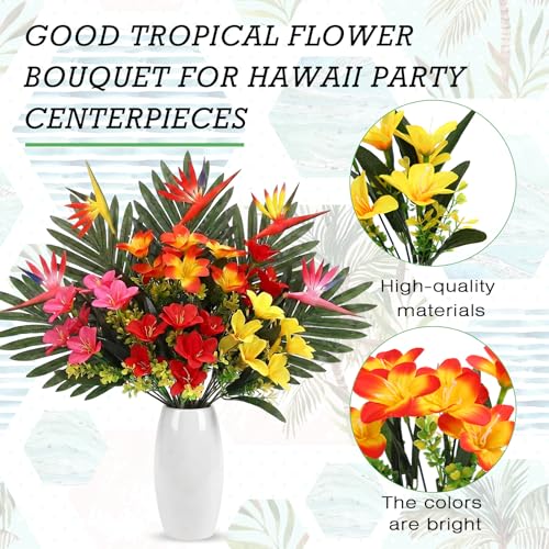 Hotop 4 Set/ 16 Pcs Artificial Tropical Flower Bouquets Bulk for Hawaii Centerpieces Bird of Paradise Lily Bouquet Permanent Flower Tropical Plant Party Office Home Decor (Multiple Color) - color: Multiple Color