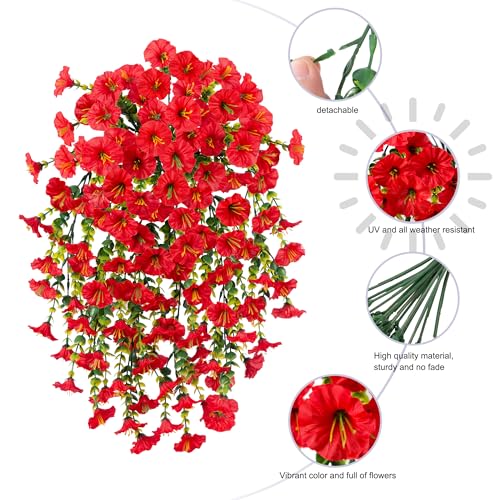 Ivydale 2 PCS Artificial Hanging Flowers Fake Plants Outdoor,Silk Morning Glory Faux Flowers with Eucalyptus Leaves,UV Resistant Realistic Hanging Petunias Plants for Home Garden Decor (Red) - color: Red