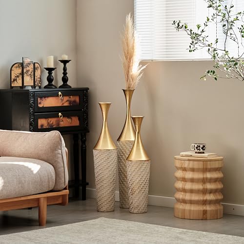 Floor Vases, Tall Home Decor Metal Vase Set of 3 Large Glazed Decorative Vases for Wedding Decor, Elegant Modern Flower Holder for Living Room, Entryway, Hallway - color: Lattice White Gold