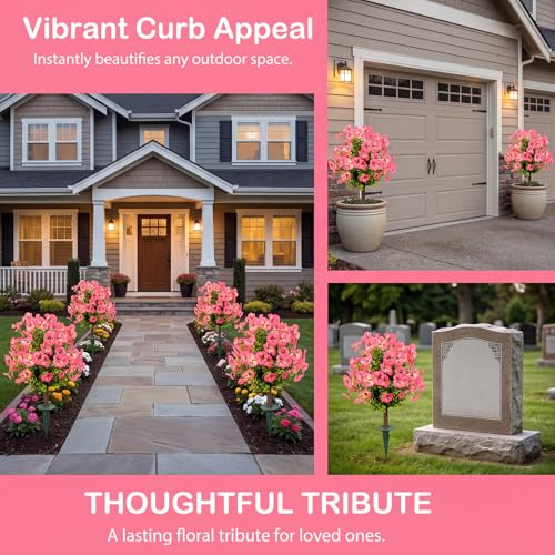 Outdoor Artificial Simulated Trees 2-Piece Set, UV-Resistant Simulated Boxwood Fake Shrubs with Ground Stakes for Outdoor Porch & Garden Decoration (Pink) - color: Pink