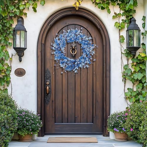 24 Inch Artificial Blue Forsythia Flower Wreath, Silk & Paper Bridal Floral Wreath for Front Door, Elegant Beach Nautical Themed Wedding & Spring Summer Decor, All Season Farmhouse Porch Wall Decor - color: Blue