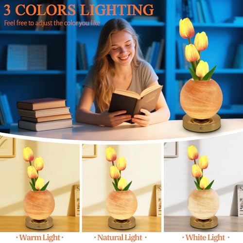 Tulip Table Lamp, Rechargeable Cordless Touch Dimming Artificial Tulip Flower Desk Lamp, LED Flower Bedside Night Light Romantic Gifts for Girl Women Mom (Orange) - color: Orange