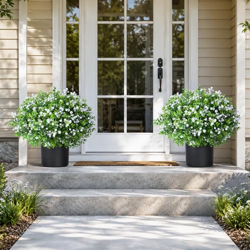 Fake Plants Artificial Flowers for Outdoors Decor, 2 Pack Fake Potted Plants Baby Breath With Green Eucalyptus Look Real UV Resistant Artificial Greenery with Pot for Outside Porch Garden Patio Yard - color: Green - Baby Breath