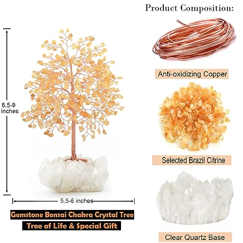 Gemstone Crystal Tree of Life,Natural Citrine with Row Clear Quartz Base,Chakra Healing Crystals Positive Energy Fengshui Decor Bonsai Money Tree,Home Decor Gift Height 8.5-9 Inches - color: Citrine Tree With Quartz Base