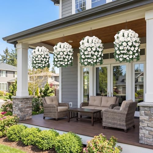 Artificial Geraniums Fake Hanging Flowers Basket for Spring Outdoor Decoration, Faux Plants Silk Geraniums Vines in Planter UV Resistant Look Real for Outdoors Yard Patio Porch Home Decor, White - color: White