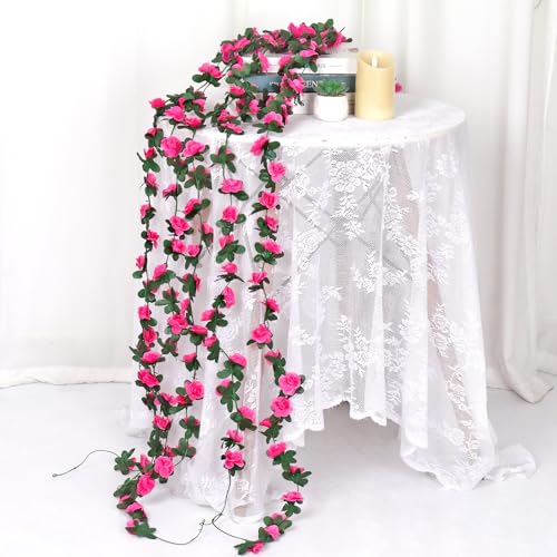 KHOYIME 9 Pack 72 FT Artificial Flower Garland, Fake Hot Pink Roses Vines Silk Flowers Faux Plastic Outdoor Hanging Floral Ivy Garland Decoration for Wedding Arch Bedroom Home Wall Backdrop Room Decor - color: Hot Pink, size: 9pcs