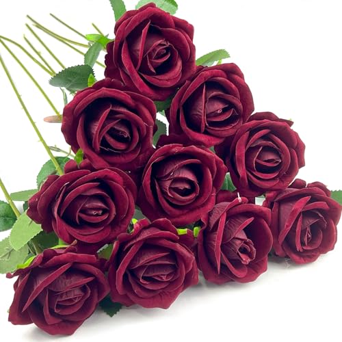 10 PCS Artificial Roses with Long Stems Silk Flowers Realistic Foam Flowers Fake Roses for Valentine's Day Home Wedding Halloween Decor(Wine Red) - color: Wine Red