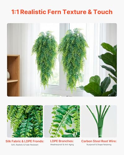 VEVOR Artificial Ferns, 12 Pcs Fake Hanging Boston Fern Bush Plant with 32 Inch Hanging Length, Plastic Faux Greenery for Indoor/Outdoor Decor, for Wall, Wedding Party, Home, Porch Garden, No Basket - size: 32 inch