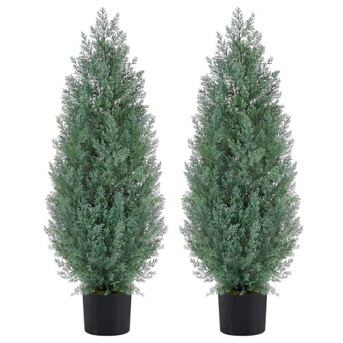 3Ft Artificial Cypress Trees (Set of 2) Outdoor Indoor, Realistic Faux Potted Cedar Trees with UV Protection, FakeTopiary Trees in Cement Pot for Entryway Patio Porch Garden Office Home Decor - size: 3FT
