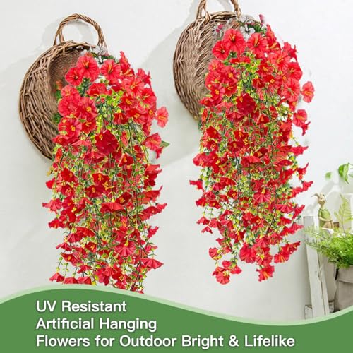 Artificial Flowers for Outdoors Fake Morning Glory Hanging Flower Decoration, 2 Pcs Realistic Faux Plants Petunias Trailing Vines, Spring Summer Decor for Porch Patio Balcony Planter Yard(Red) - color: Red, size: 2 Pcs