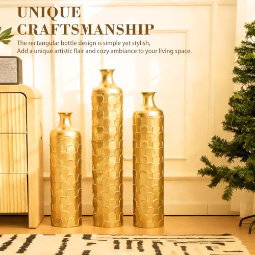 Floor Vases, Tall Home Decor Metal Vase Set of 3 Large Glazed Decorative Vases for Wedding Decor, Elegant Modern Flower Holder for Living Room, Entryway, Hallway - color: Scallop Gold