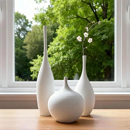 Relexome White Ceramic Vase Modern Boho Wabi-Sabi Flower Vase Set of 3 Decorative Aesthetic Vases for Centerpieces Pampas Matte Minimalist Vases for Living Room Table Shelf Home Decor Gift - color: White