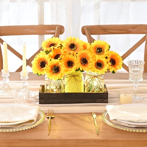 BLEUM CADE Centerpiece Table Decorations - Mason Jar Lights Centerpiece for Kitchen Dining Table Farmhouse Coffee Table Wedding Home Decor with 3 Jars Sunflowers Artificial Flowers & Wood Tray - color: Yellow-sunflower